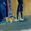 <i>Le chien with the ballet feet outside Café du Coin</i> 2020. Oil on board framed in oak. 33.5x 43 cm