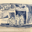 <i>Meeting on the steps of Èglise  Sainte Anne- Saint Martin</i>, Vallauris, 2020. Ceramic . 16.5 x 29 cm