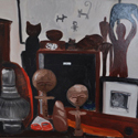 <i>Still life with Danson Manzini sculptures, Cameron Robbins magnetic D’Accredation, Ghanaian fertility sculptures, New Guinea sculptures,. Osker sculptures, coral, dilly bag, Osker drawing</i> 2015. oil on masonite board. 47cm h x 61cm w