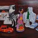 <i>Still life with Frida, Liberty, Chinese vessel, The Castle wedding cake ornament, Mexican dog, mercedes, citroen, zephyr, sandy painting</i> 2016. oil on masonite board, 47cm h x 61cm w 