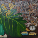<i>Still Life with caravan and safari, kangaroo paw, monsteria leaves, shells, clock, photos, and lego Eiffel Tower</i> 2016. oil on masonite board, 41cm h x 61cm w