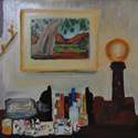 <i>Still life with Namatjira, paint tubes, ship in a bottle, books, lighthouse lamp, vase of lichen, abacas/<i> 2016. oil on masonite board, 41cm h x 61cm w