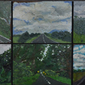 <i>Road series 1-6 (South Gippsland)</i>, 2014-2015. oil on Masonite, 31cm hx 65 cm w (each painting 15cm h x 20cm w)