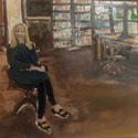 <i>Kate seated in the Reading Room (State Library of Victoria)</i>, 2020. Oil on board framed in raw oak, 42 x 52 cm