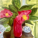 <i>Camelias in red vase</i> 2023. Oil on canvas