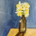 <i>Daffodils in brown bottle</i>  2023. Oil on board