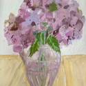 <i>Hydrangeas in pink glass vase</i>. Oil on board. 36 x 23 cm